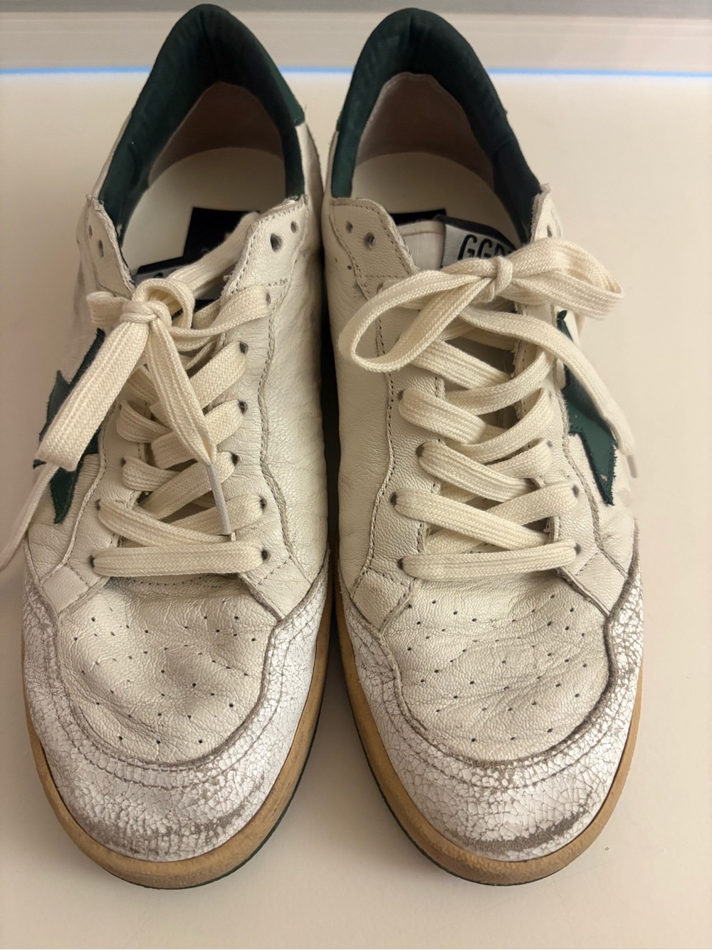 Golden Goose Off-White distressed Leather Sneakers with Green Star